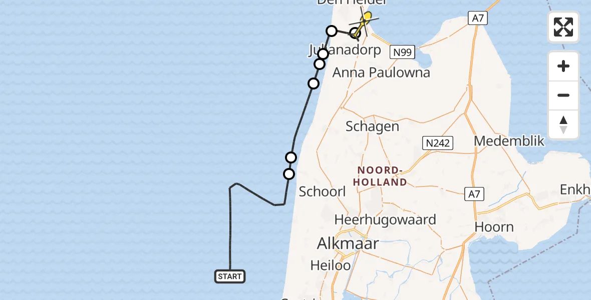 Routekaart van de vlucht: Kustwachthelikopter naar Vliegveld De Kooy, Luchthavenweg