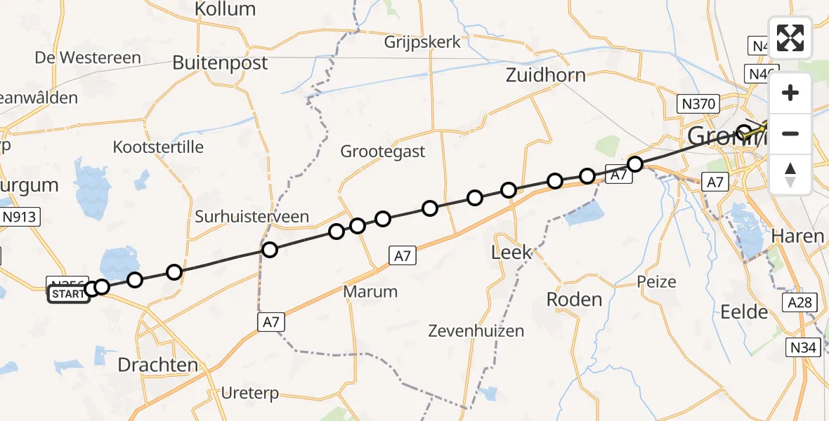 Routekaart van de vlucht: Lifeliner 4 naar Universitair Medisch Centrum Groningen, Wâldwei