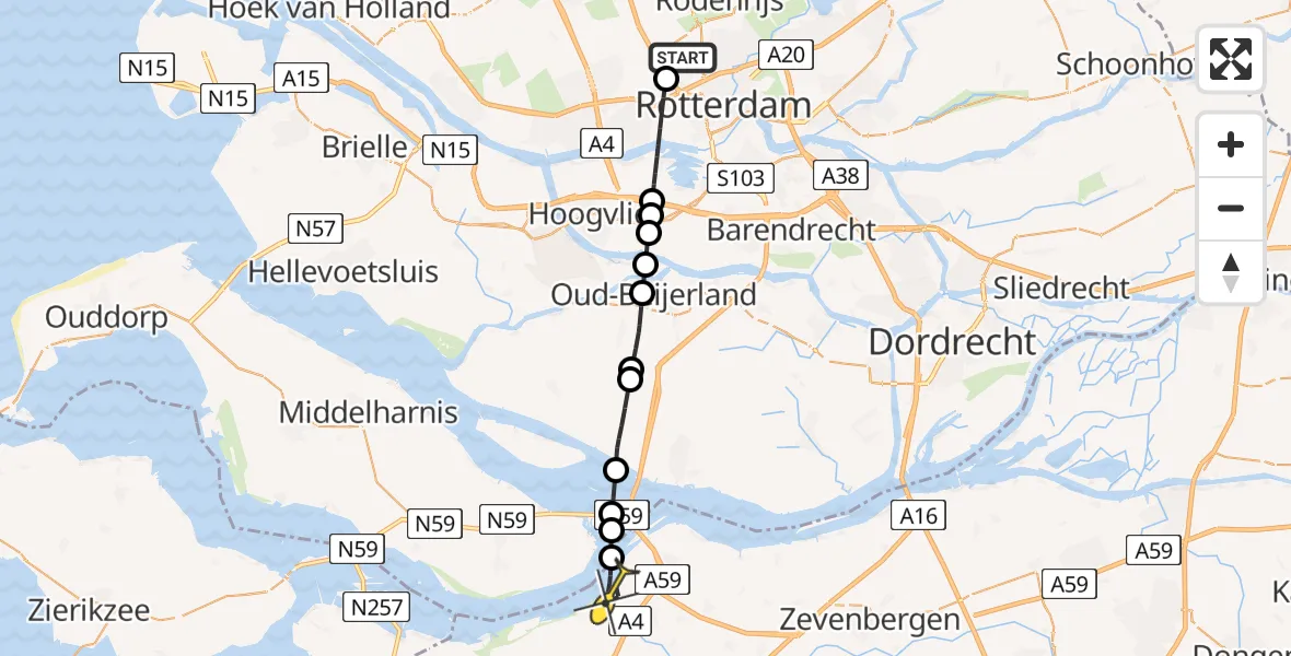 Routekaart van de vlucht: Lifeliner 2 naar Heijningen, Rhijnsburgstraat