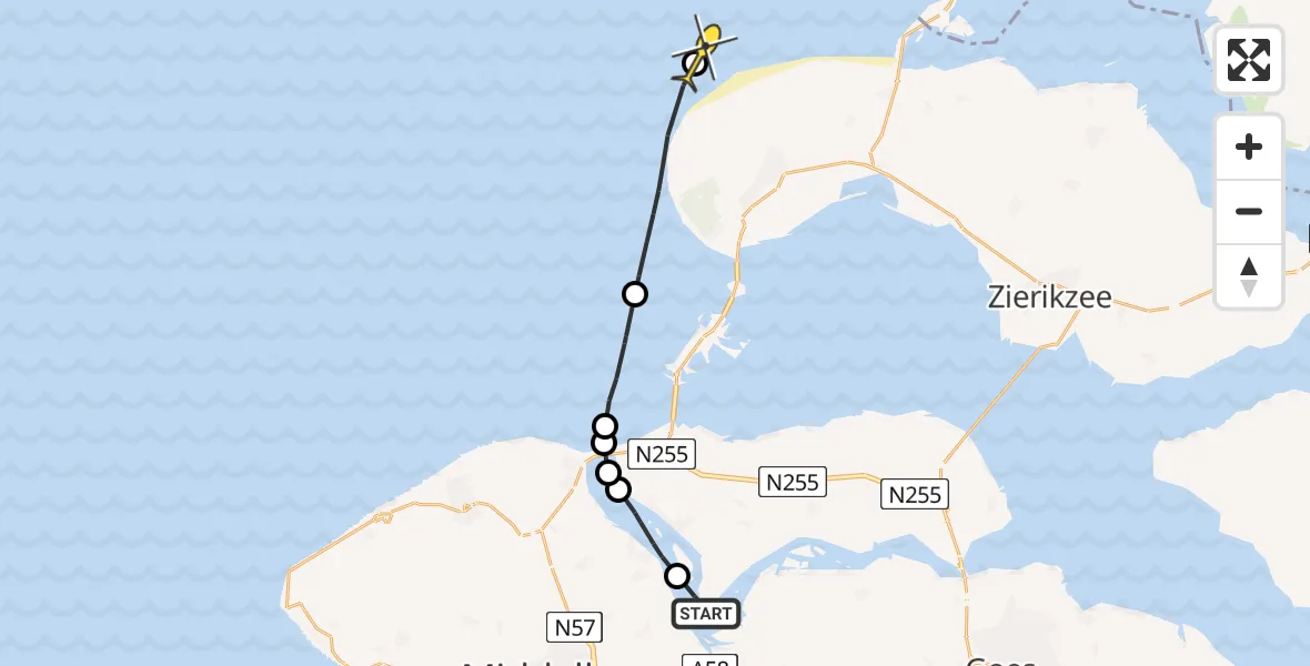 Routekaart van de vlucht: Kustwachthelikopter naar Dreef