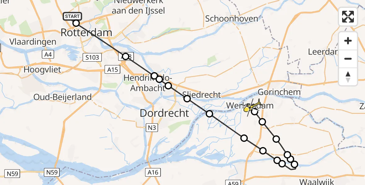 Routekaart van de vlucht: Lifeliner 2 naar Werkendam, Ypenburgstraat