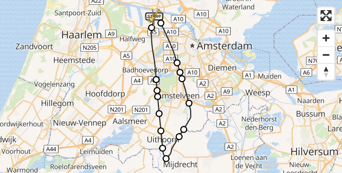 Vluchtroute Traumahelikopter van Amsterdam Heliport naar Amsterdam Heliport