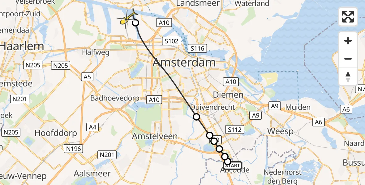Routekaart van de vlucht: Lifeliner 1 naar Amsterdam Heliport, Piet van Wijngaerdtlaan