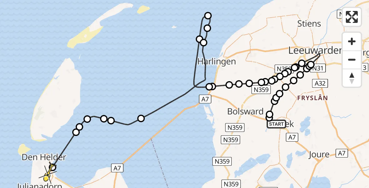 Routekaart van de vlucht: Kustwachthelikopter naar Vliegveld De Kooy, Zeilmakersstraat