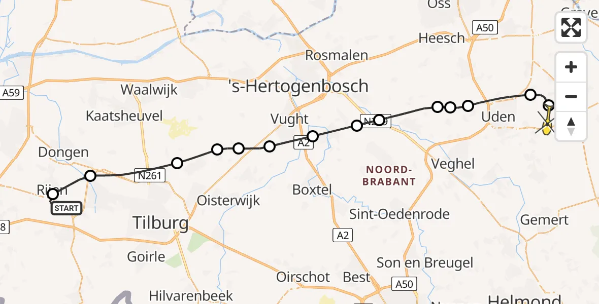Routekaart van de vlucht: Politieheli naar Vliegbasis Volkel, Rijksweg