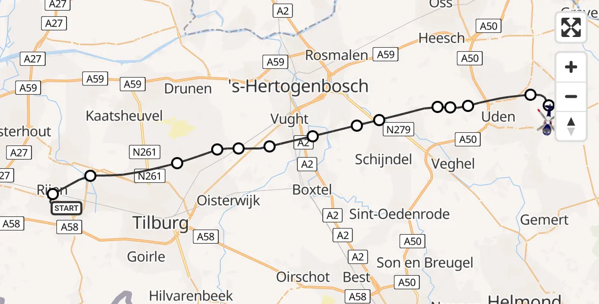 Vluchtroute Politiehelikopter van Vliegbasis Gilze-Rijen naar Vliegbasis Volkel