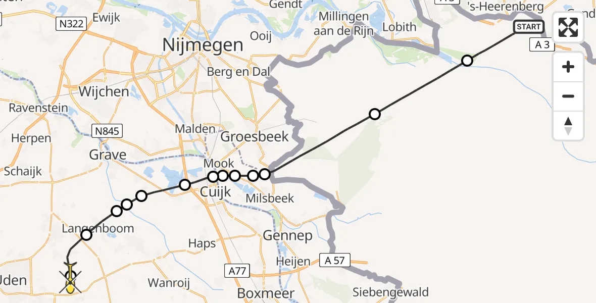 Routekaart van de vlucht: Lifeliner 3 naar Vliegbasis Volkel, Zeelandsedijk