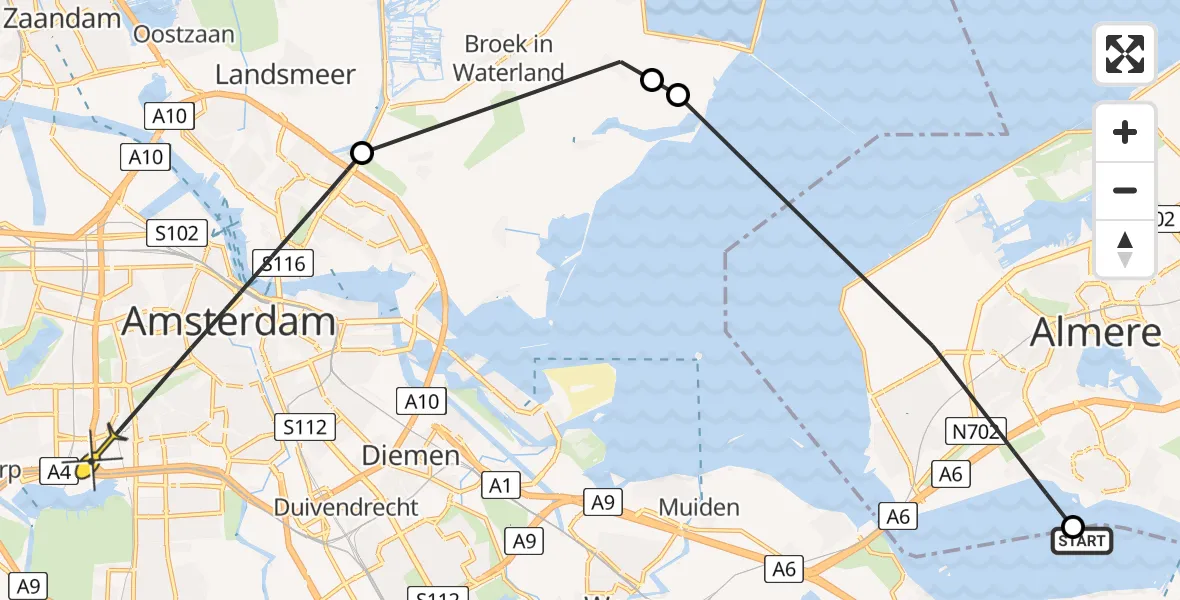 Routekaart van de vlucht: Politieheli naar Amsterdam, Gooimeerdijk-West