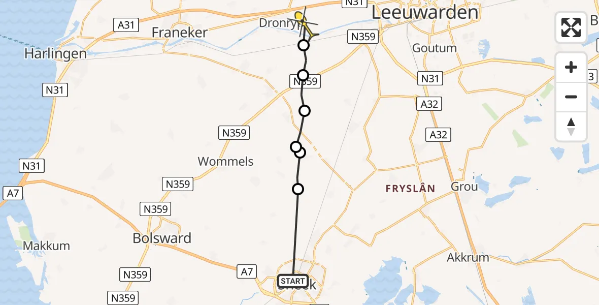 Routekaart van de vlucht: Ambulancehelikopter naar Dronryp, Molmawei