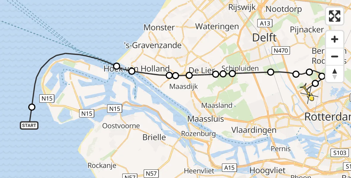 Routekaart van de vlucht: Kustwachthelikopter naar Rotterdam The Hague Airport, Prinses Máximaweg