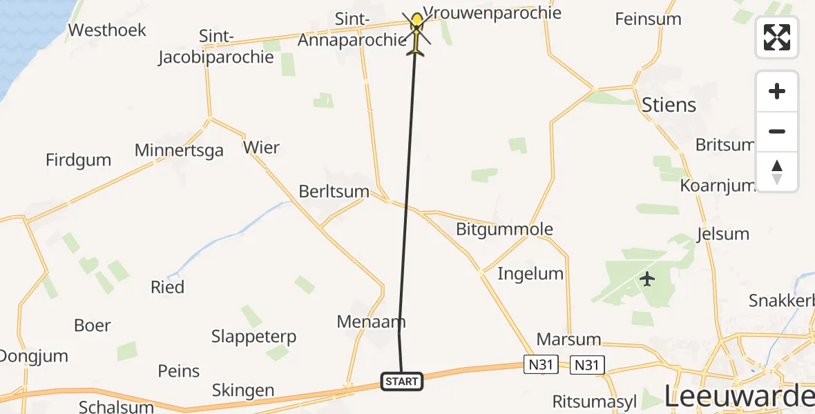 Routekaart van de vlucht: Ambulancehelikopter naar St.-Annaparochie, Warnserbuorren