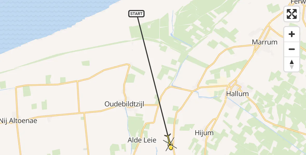 Routekaart van de vlucht: Ambulancehelikopter naar Feinsum, Hege Hearewei