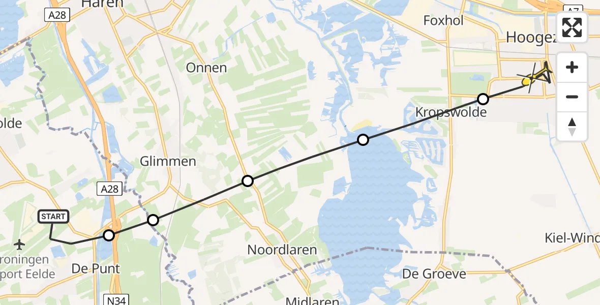 Routekaart van de vlucht: Lifeliner 4 naar Hoogezand, Burgemeester J.G. Legroweg