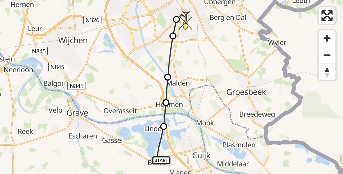 Routekaart van de vlucht: Lifeliner 3 naar Radboud Universitair Medisch Centrum, Dommelsvoort