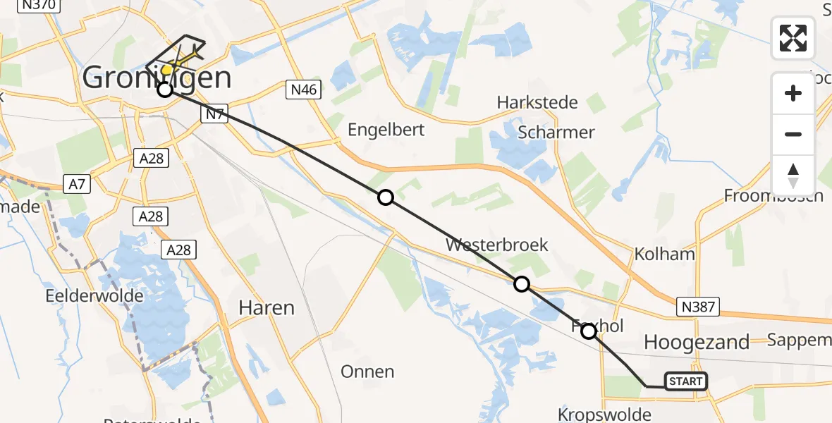 Routekaart van de vlucht: Lifeliner 4 naar Universitair Medisch Centrum Groningen, Johan Willem Frisolaan