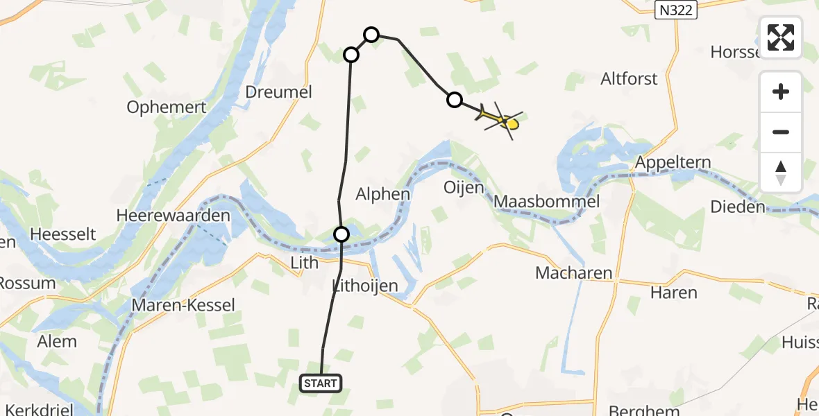 Routekaart van de vlucht: Politiehelikopter naar Maasbommel, Molenweg