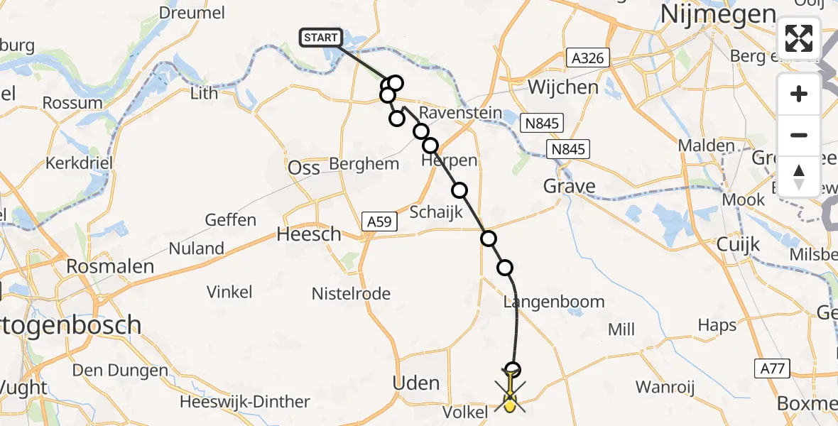Routekaart van de vlucht: Politiehelikopter naar Vliegbasis Volkel, Galgenstraat