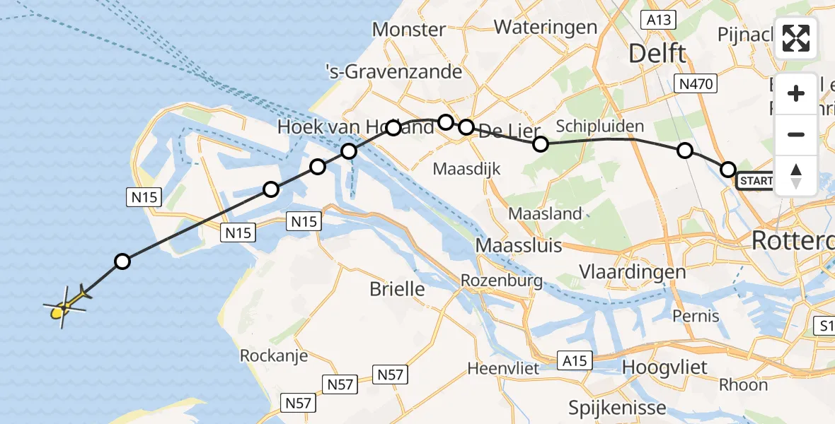 Routekaart van de vlucht: Kustwachthelikopter naar Rotterdam Airportbaan