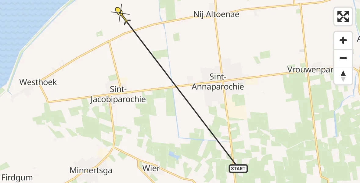 Routekaart van de vlucht: Ambulanceheli naar St.-Jacobiparochie, Oudebildtdijk