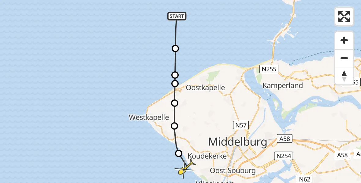 Routekaart van de vlucht: Kustwachthelikopter naar Vlissingen, Strand Koudekerke