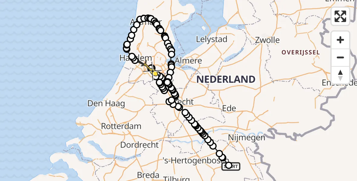 Vluchtroute Politiehelikopter van Vliegbasis Volkel naar Schiphol
