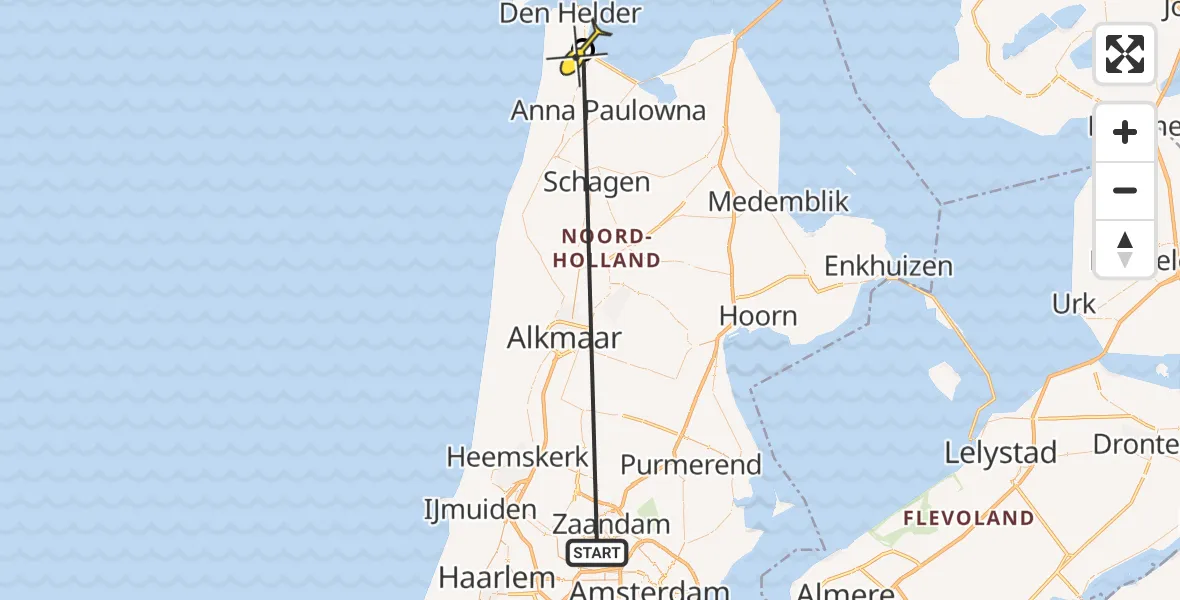 Vluchtroute Traumahelikopter van Amsterdam Heliport naar Vliegveld De Kooy