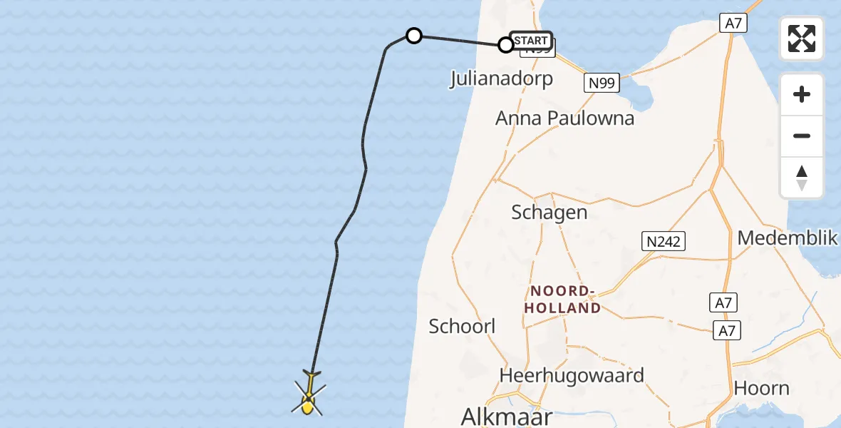 Vluchtroute Kustwachthelikopter van Vliegveld De Kooy naar 