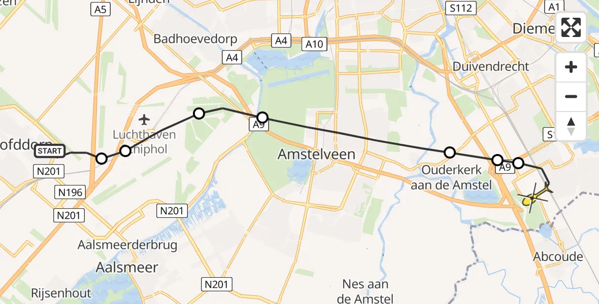 Routekaart van de vlucht: Lifeliner 1 naar Academisch Medisch Centrum (AMC), Rijnlanderweg