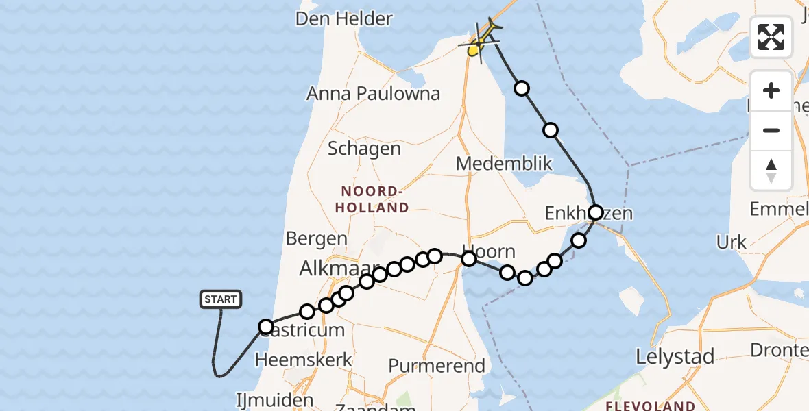 Routekaart van de vlucht: Kustwachthelikopter naar Wieringerwerf, Afsluitdijk