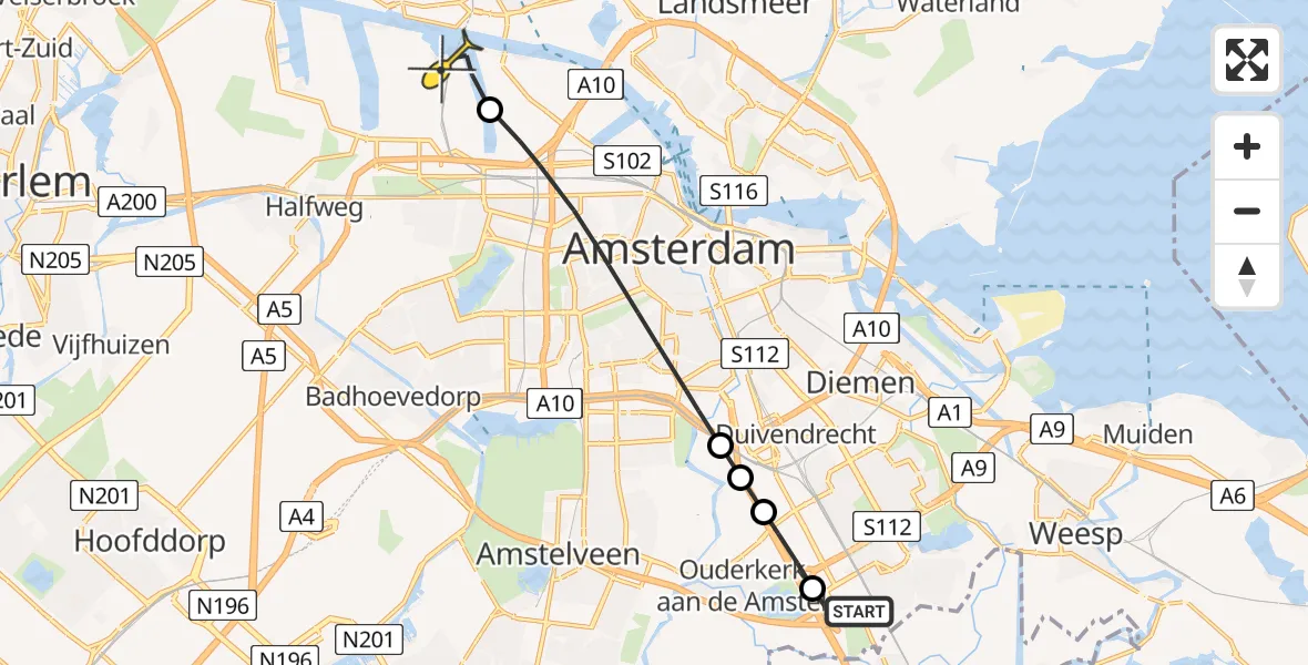 Routekaart van de vlucht: Lifeliner 1 naar Amsterdam Heliport, Sijsjesbergweg