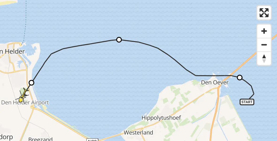Routekaart van de vlucht: Kustwachthelikopter naar Vliegveld De Kooy, Vaarwater langs Nieuwe Zeug