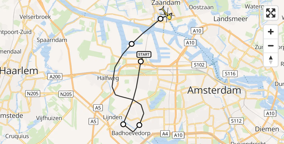 Routekaart van de vlucht: Lifeliner 1 naar Zaandam, Lange Bretten