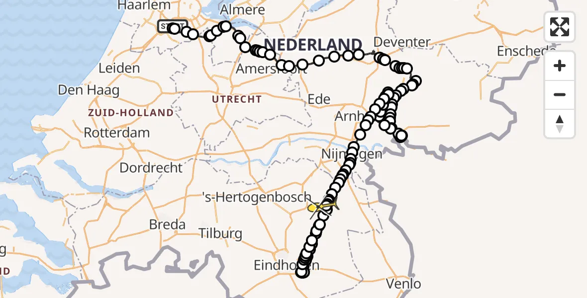 Routekaart van de vlucht: Politieheli naar Vliegbasis Volkel, Amsterdam-Bataviaweg
