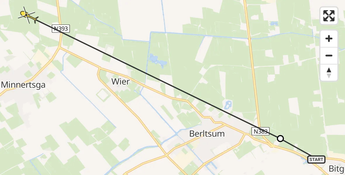 Routekaart van de vlucht: Ambulancehelikopter naar St.-Jacobiparochie, Hoarnestreek