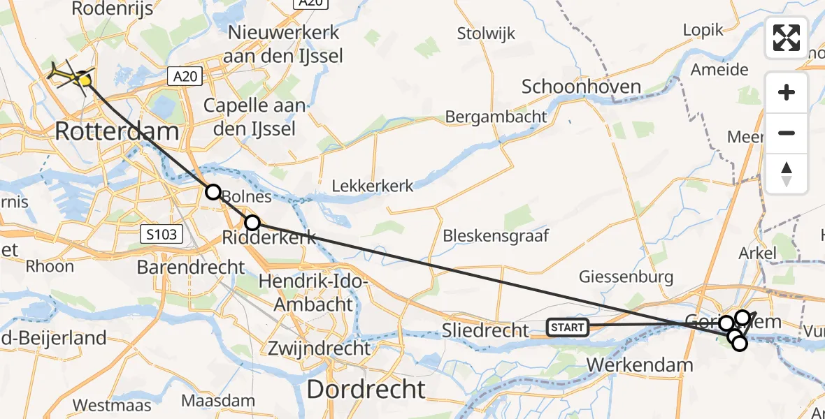 Routekaart van de vlucht: Politieheli naar Rotterdam The Hague Airport, Zwaanswal