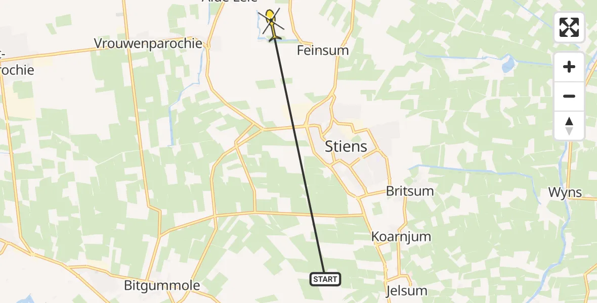 Routekaart van de vlucht: Ambulancehelikopter naar Feinsum, Langedyk