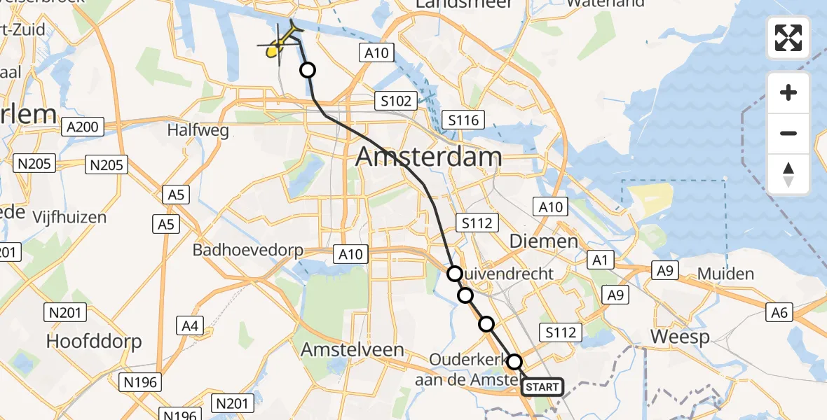 Routekaart van de vlucht: Lifeliner 1 naar Amsterdam Heliport, Snijdersbergweg