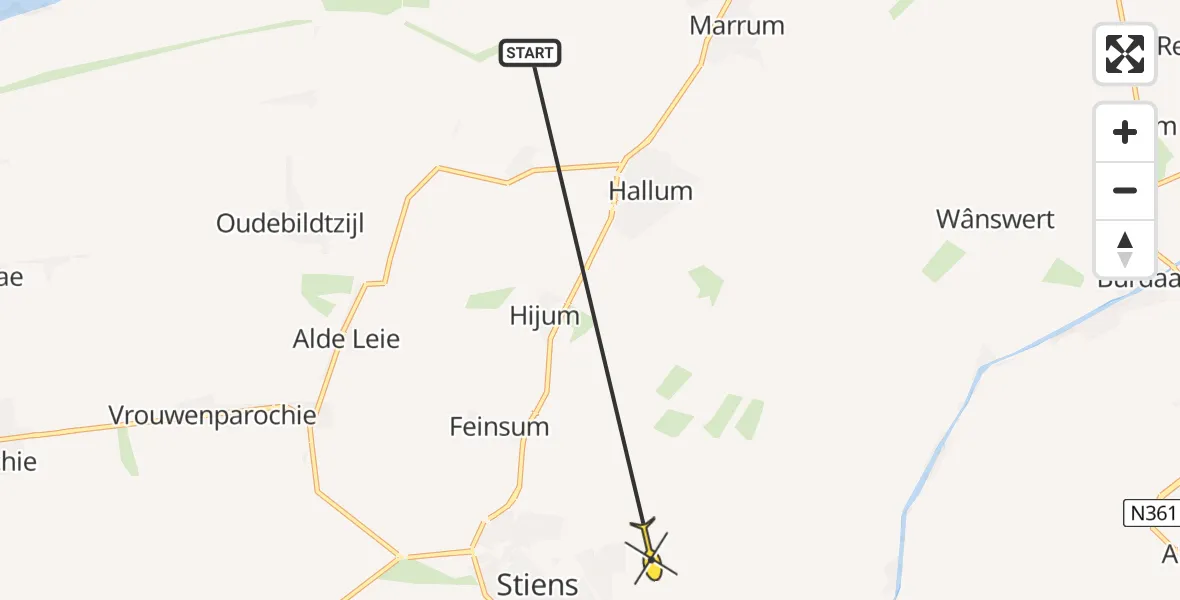 Routekaart van de vlucht: Ambulancehelikopter naar Stiens, Truerderdyk