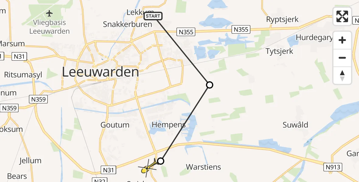 Routekaart van de vlucht: Ambulanceheli naar Wergea, Alddiel