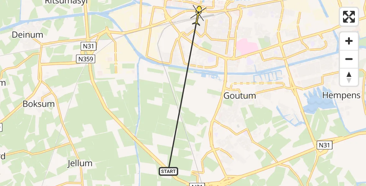 Vluchtroute Ambulancehelikopter van Leeuwarden naar Leeuwarden