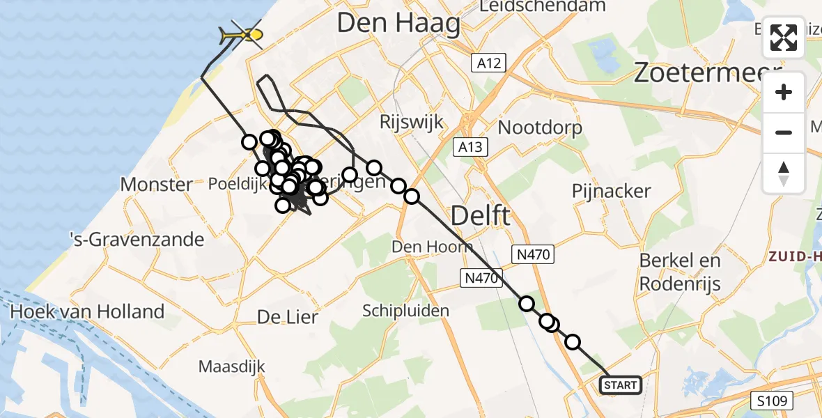 Routekaart van de vlucht: Politieheli naar Den Haag, Schieveensedijk