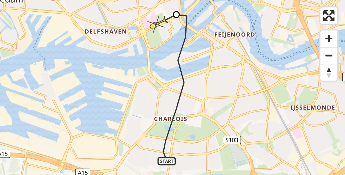 Routekaart van de vlucht: Lifeliner 2 naar Erasmus MC, Kromme Zandweg