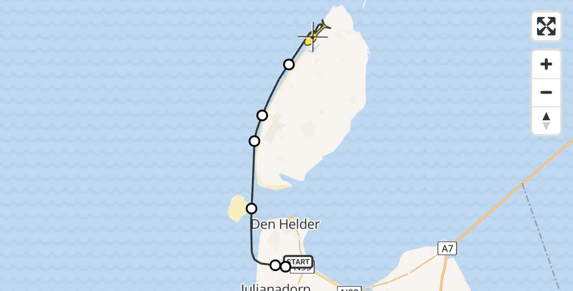 Routekaart van de vlucht: Kustwachthelikopter naar De Cocksdorp, Middenvliet