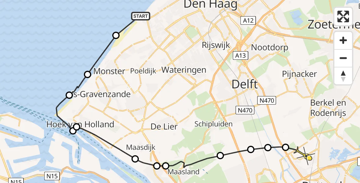 Routekaart van de vlucht: Politieheli naar Rotterdam The Hague Airport, Zandmotorpad