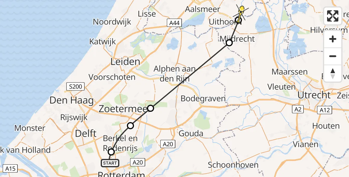 Routekaart van de vlucht: Politieheli naar Ouderkerk aan de Amstel, A16 Rotterdam