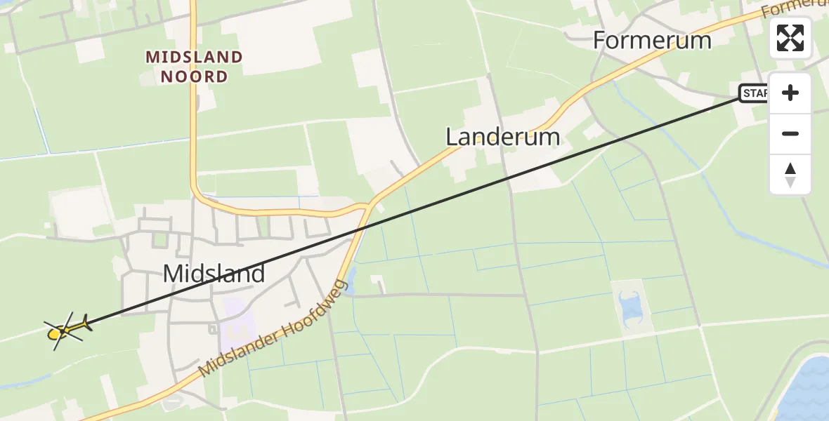Routekaart van de vlucht: Ambulancehelikopter naar Midsland, Zuidermiedeweg