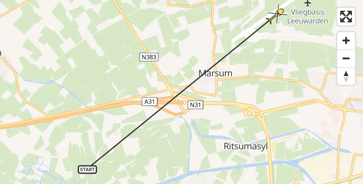 Routekaart van de vlucht: Ambulancehelikopter naar Vliegbasis Leeuwarden, Keegsdijkje