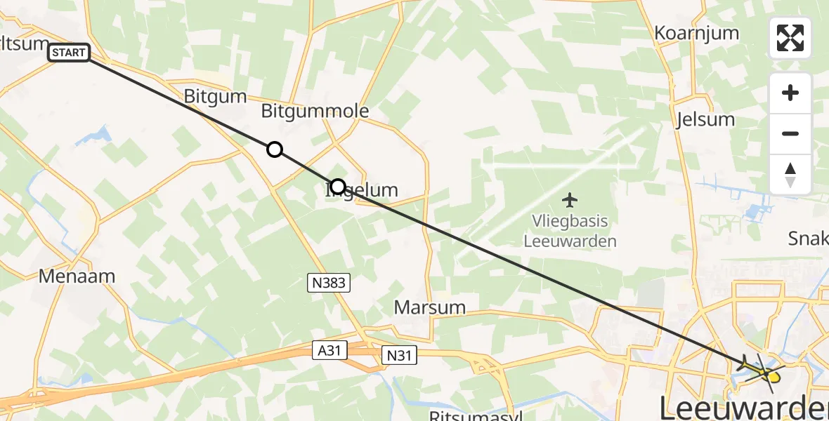 Routekaart van de vlucht: Ambulanceheli naar Leeuwarden, Menamerdyk