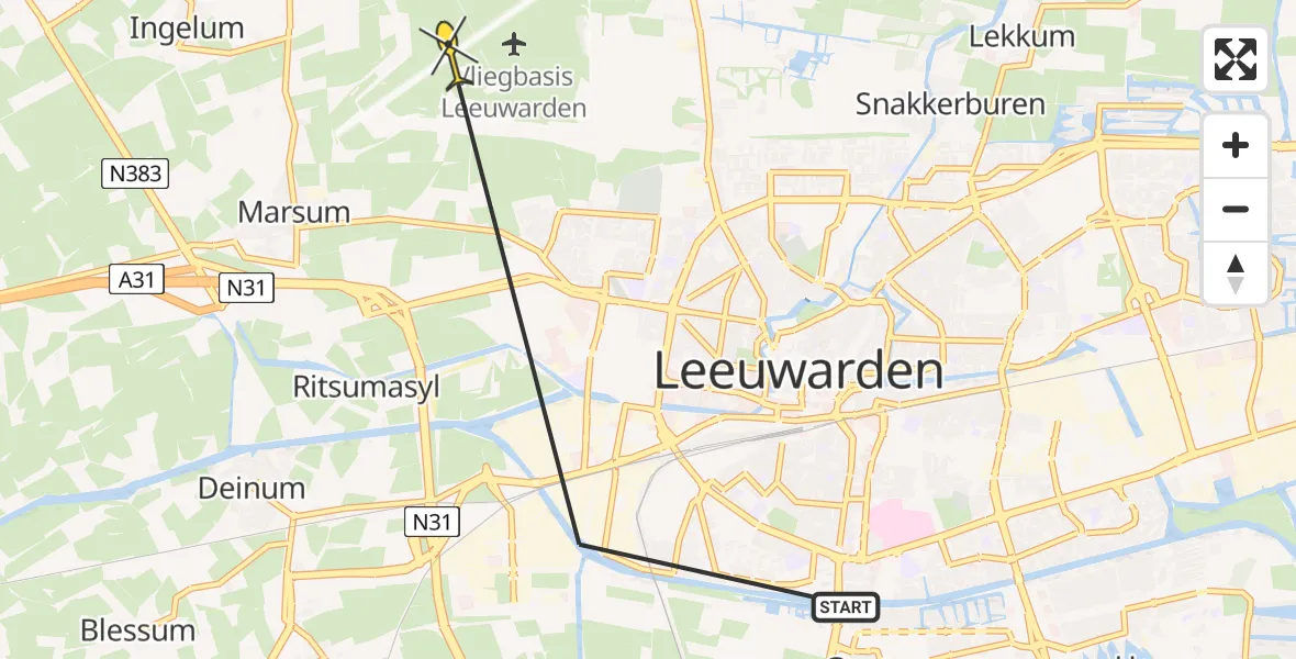 Vluchtroute Ambulancehelikopter van Leeuwarden naar Vliegbasis Leeuwarden