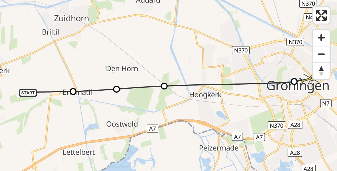 Routekaart van de vlucht: Lifeliner 4 naar Universitair Medisch Centrum Groningen, Dijkstreek